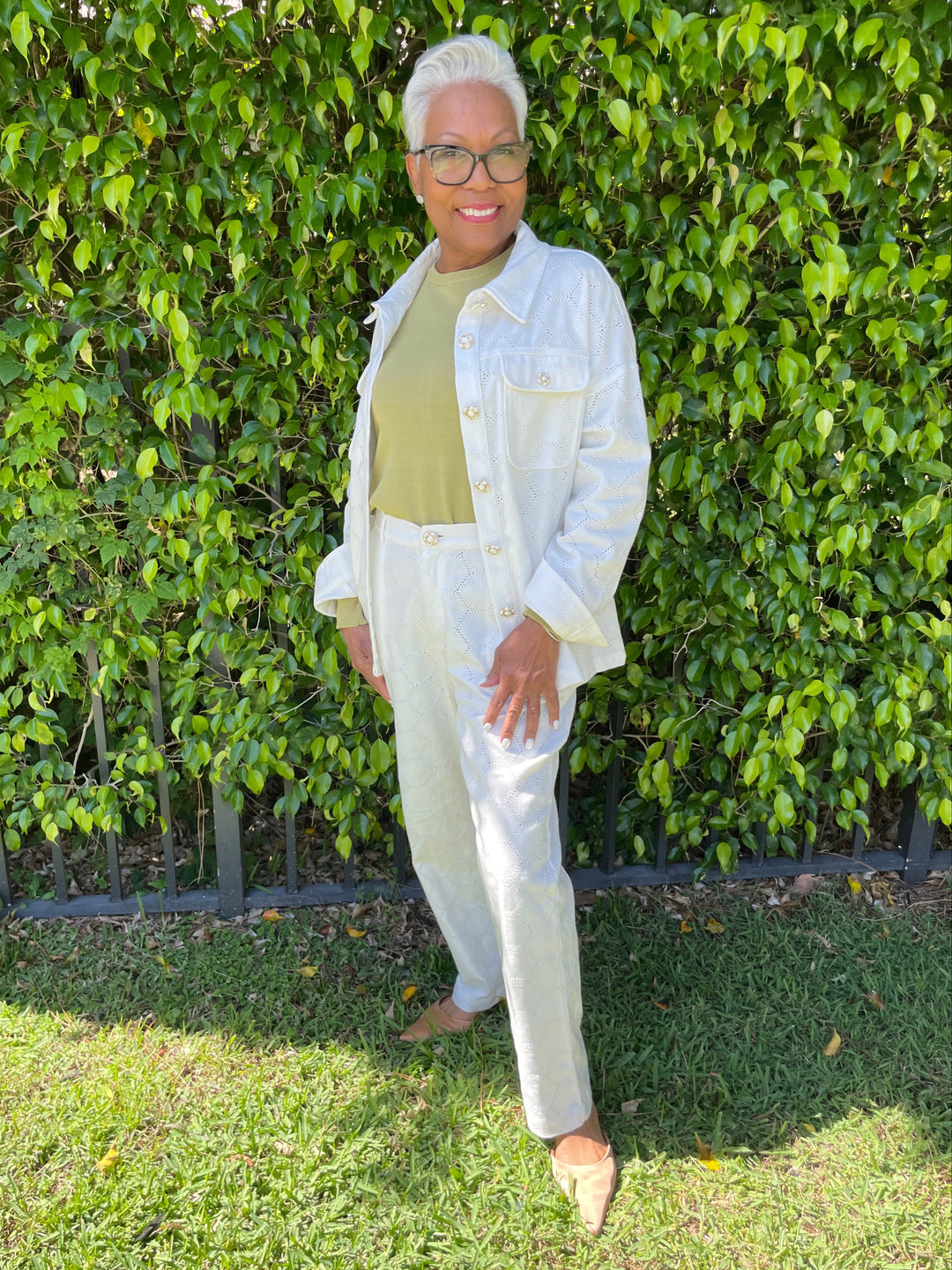 Leo & Ugo Lace Jacket With Pocket in White paired with matching Lace Pants in White available at Barbara Katz