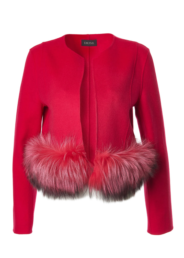 Diomi Cropped Wool Jacket With Fur in Barberry available at Barbara Katz