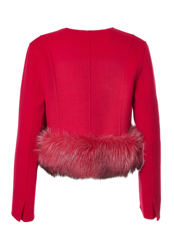 Diomi Cropped Wool Jacket With Fur in Barberry available at Barbara Katz