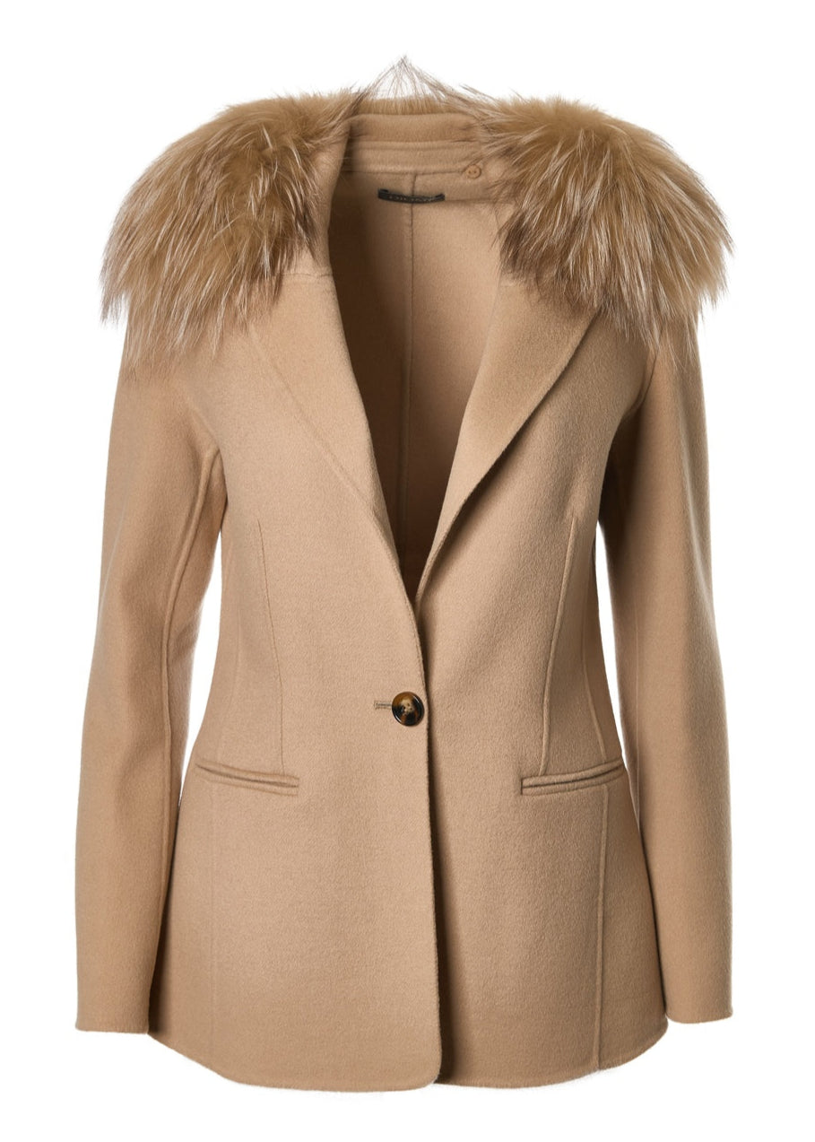 Diomi Double Face Wool Blazer With Fox Collar in Irish Cream available at Barbara Katz