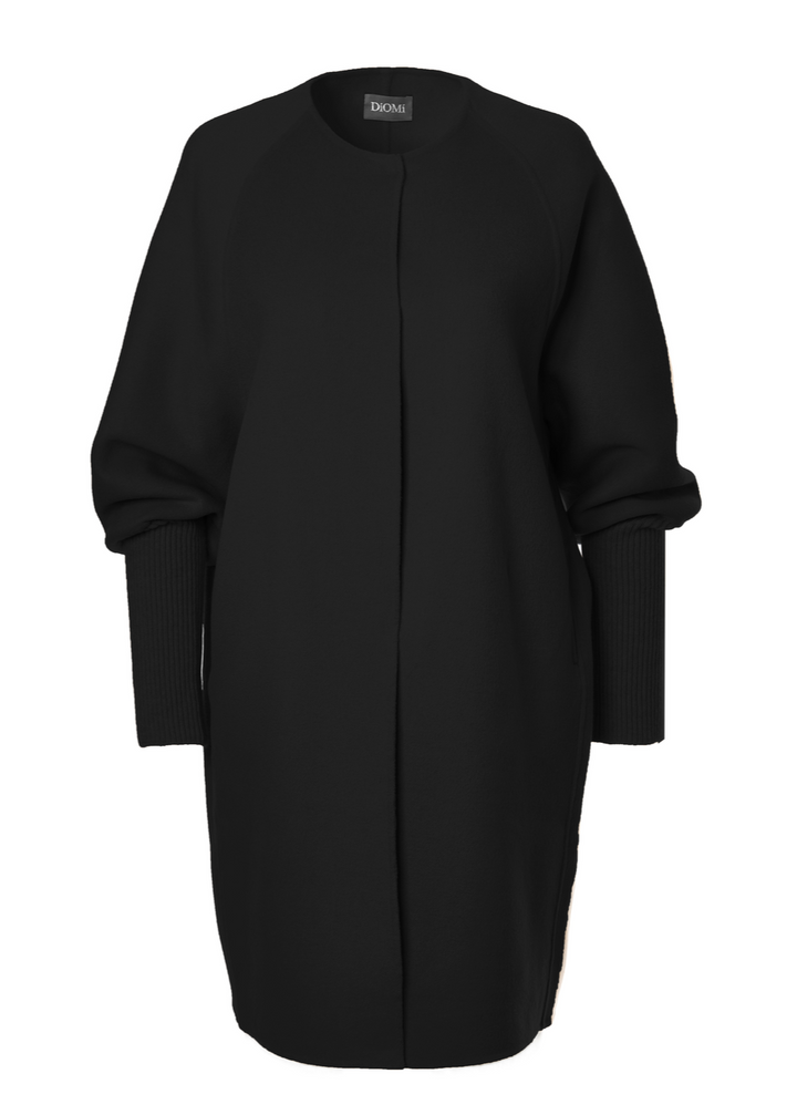 Diomi Wool Ribbed Cuff Sleeve Coat in Black available at Barbara Katz