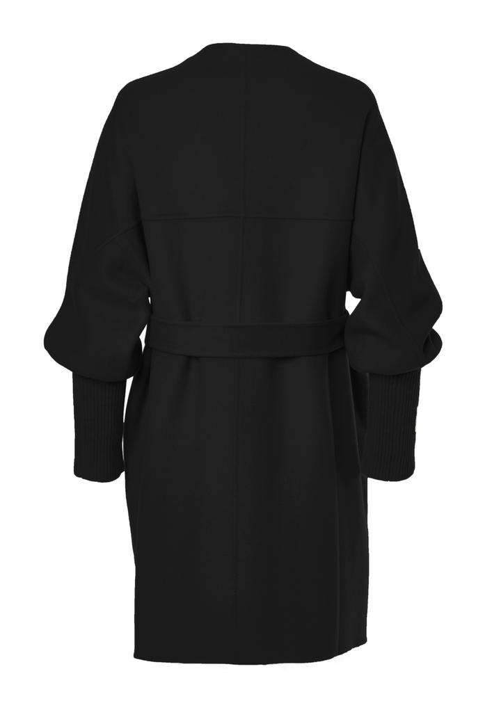 Diomi Wool Ribbed Cuff Sleeve Coat in Black available at Barbara Katz