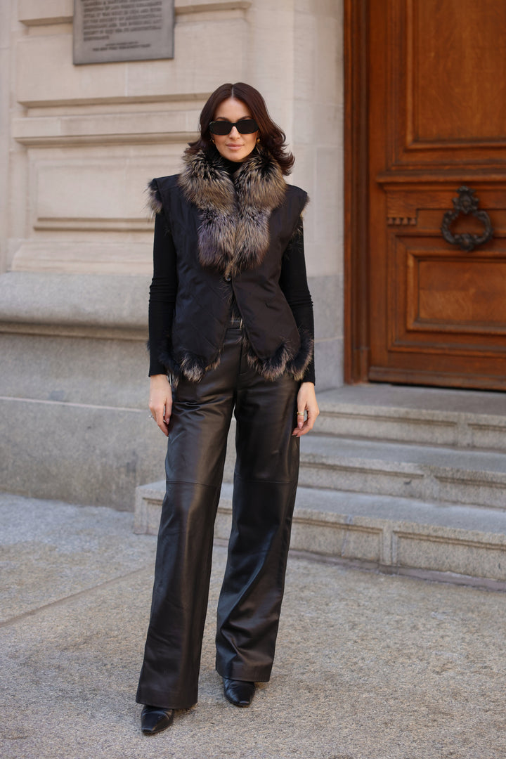 Reversible Silk to Fox Vest in Black Gold Bleach
