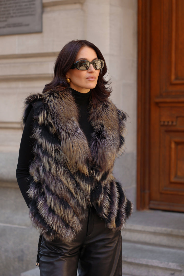 Reversible Silk to Fox Vest in Black Gold Bleach