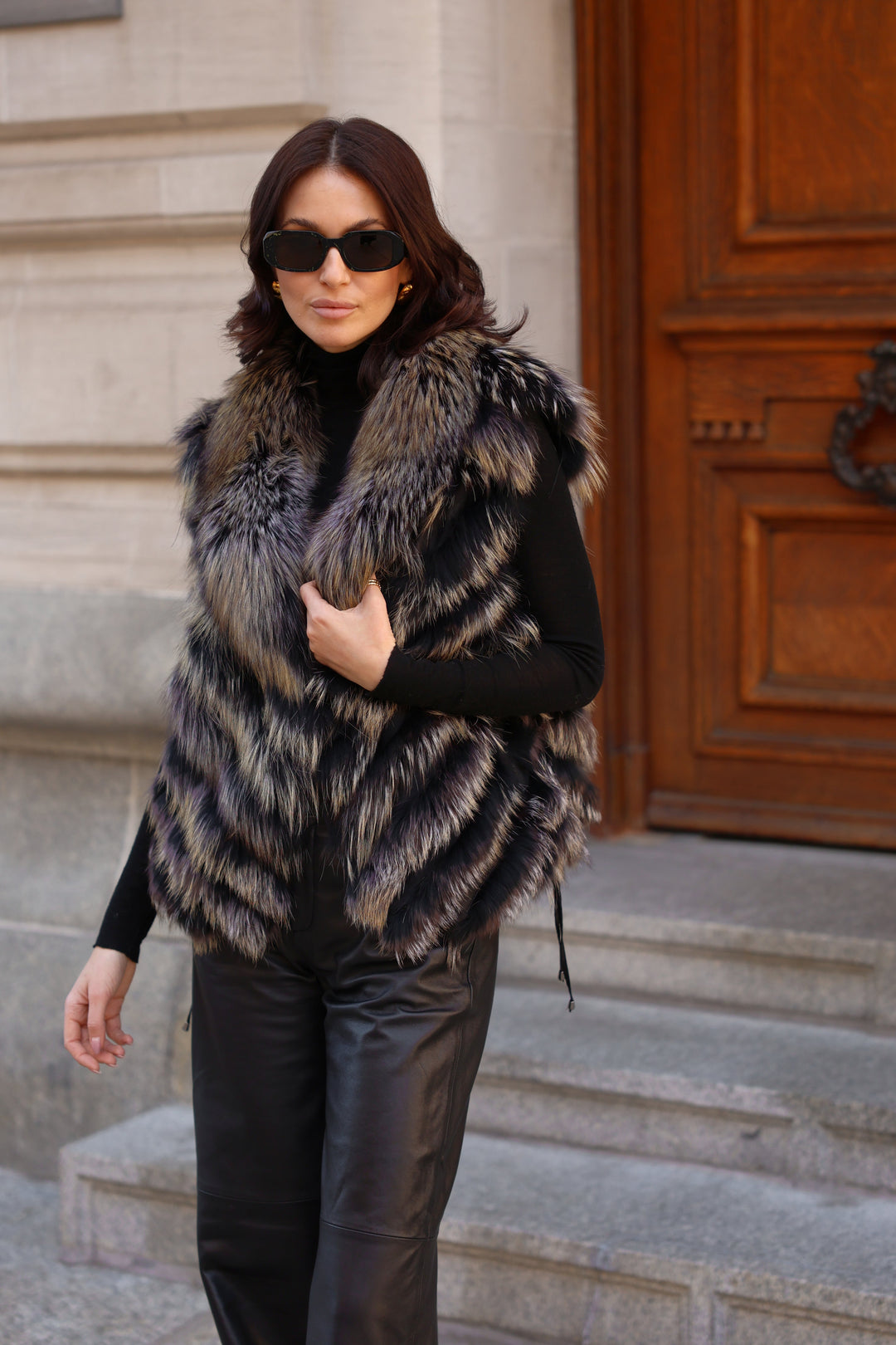 Reversible Silk to Fox Vest in Black Gold Bleach