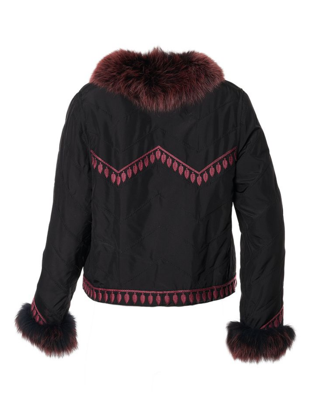 Embroidered Reversible Silk to Fox Jacket in Black Tibet