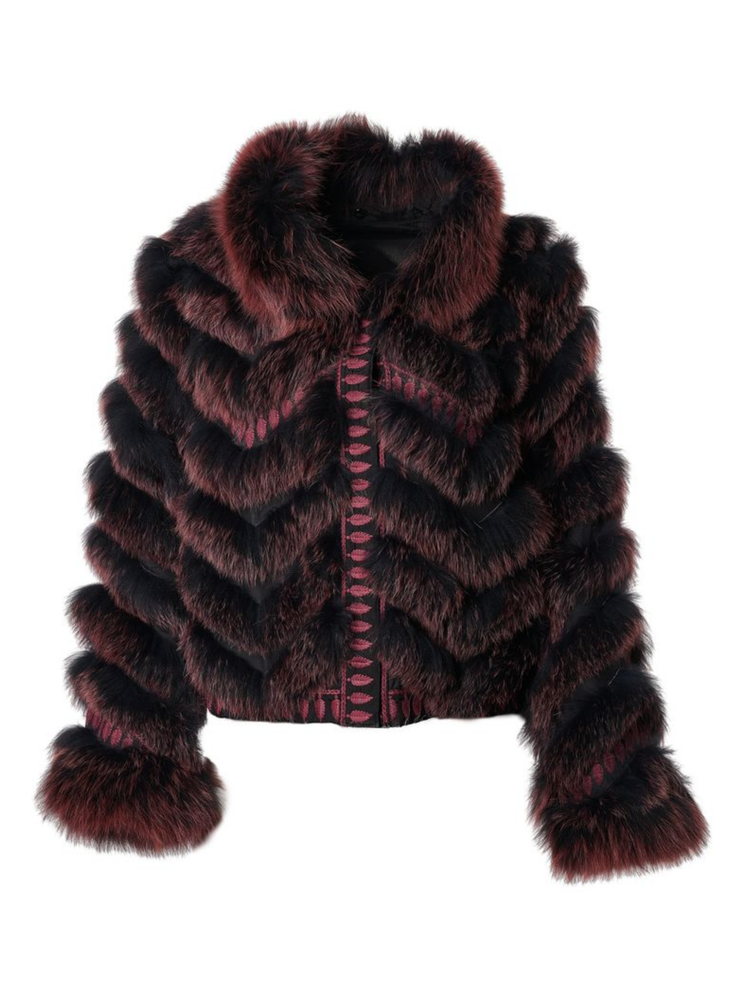 Embroidered Reversible Silk to Fox Jacket in Black Tibet