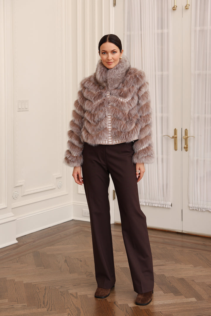 Embroidered Reversible Silk to Fox Jacket in Caffe Latte