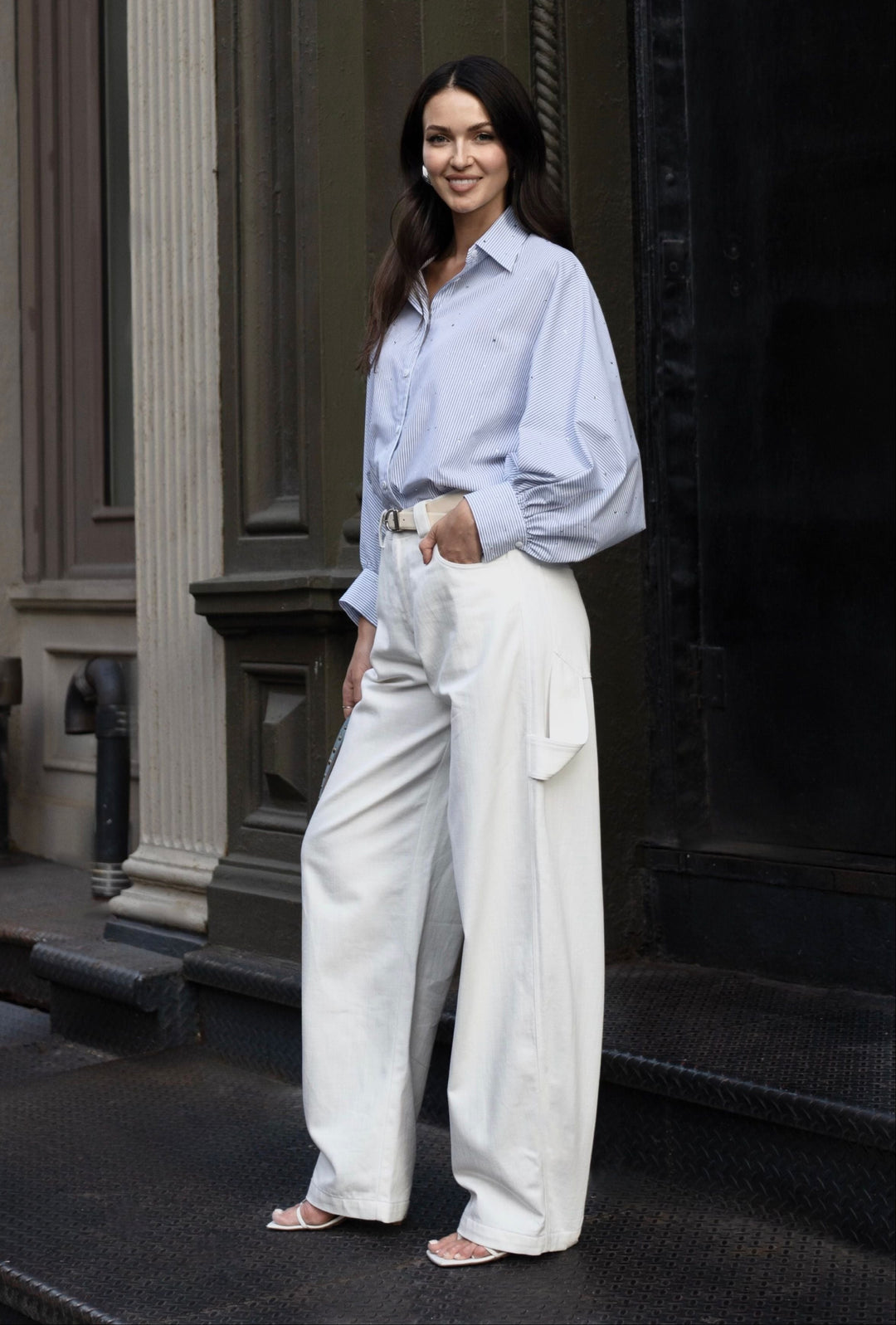 Diomi Oxford Blouse With Blouson Sleeve in Blue/White Stripe available at Barbara Katz