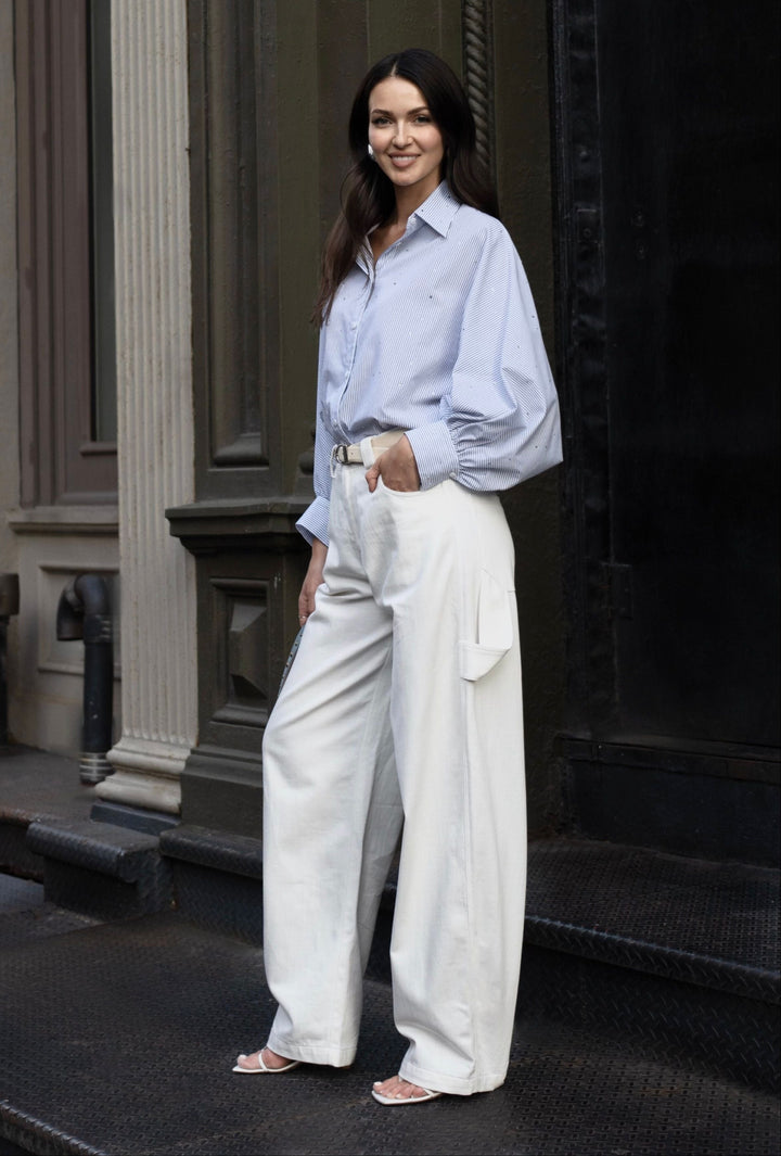 Diomi Oxford Blouse With Blouson Sleeve in Blue/White Stripe available at Barbara Katz
