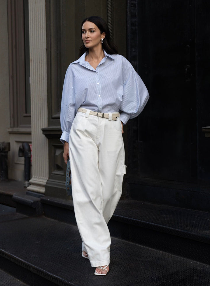 Diomi Oxford Blouse With Blouson Sleeve in Blue/White Stripe available at Barbara Katz