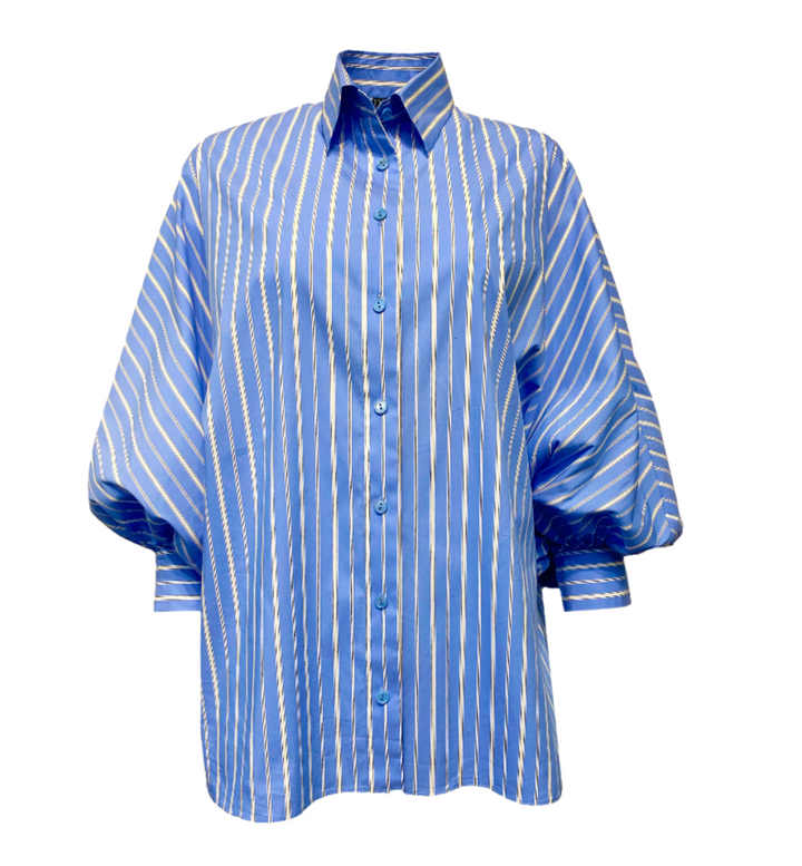 Diomi Oxford Blouse With Blouson Sleeve in Blue/White Stripe available at Barbara Katz