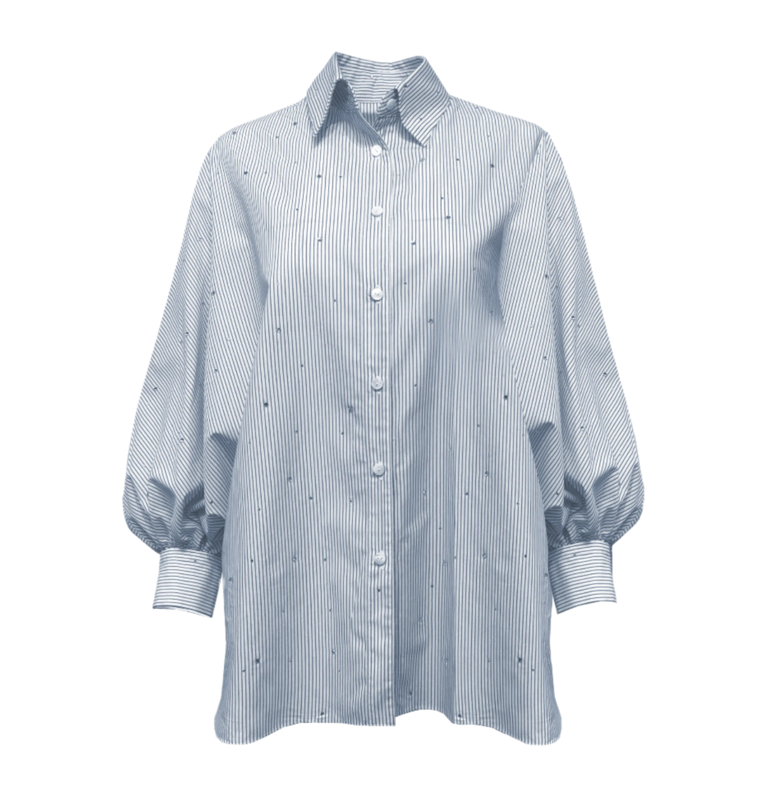 Oxford Blouse With Blouson Sleeve - Navy Stripe Rhinestone