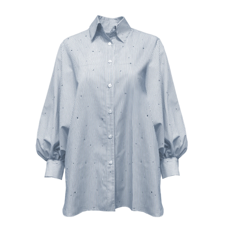 Diomi Oxford Blouse With Blouson Sleeve in Navy Stripe Rhinestone available at Barbara Katz