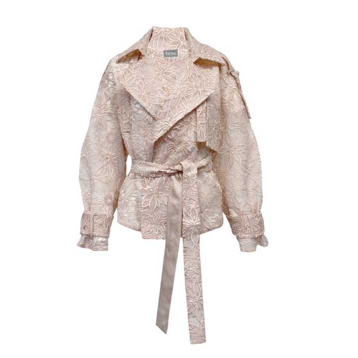 Diomi Short Floral Lace Trench Jacket in Blush Lace available at Barbara Katz