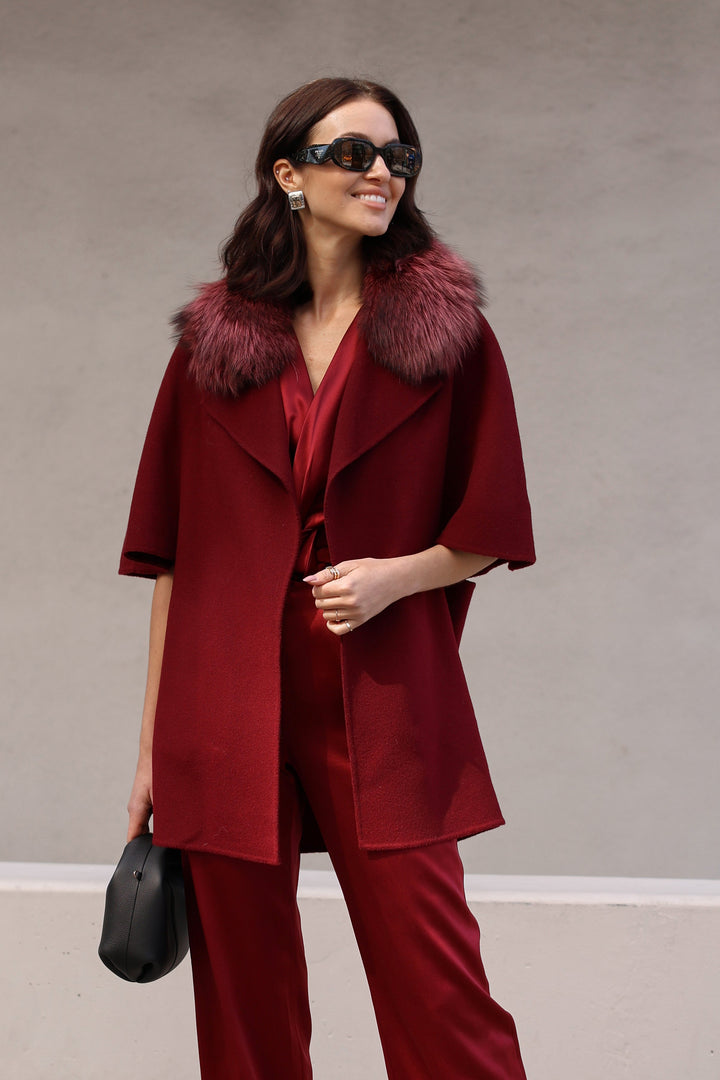 Cashmere Wool Jacket with Fox Fur in Tibetan Red