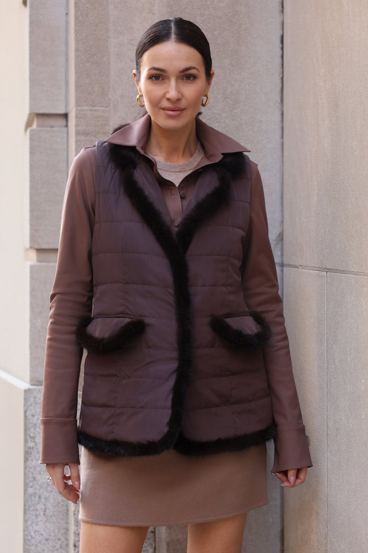 Quilted Vest with Mink in Chocolate
