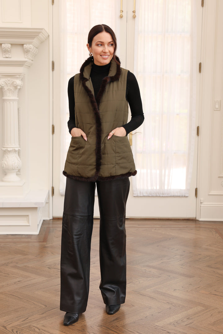 Quilted Vest with Mink in Olive/Brown