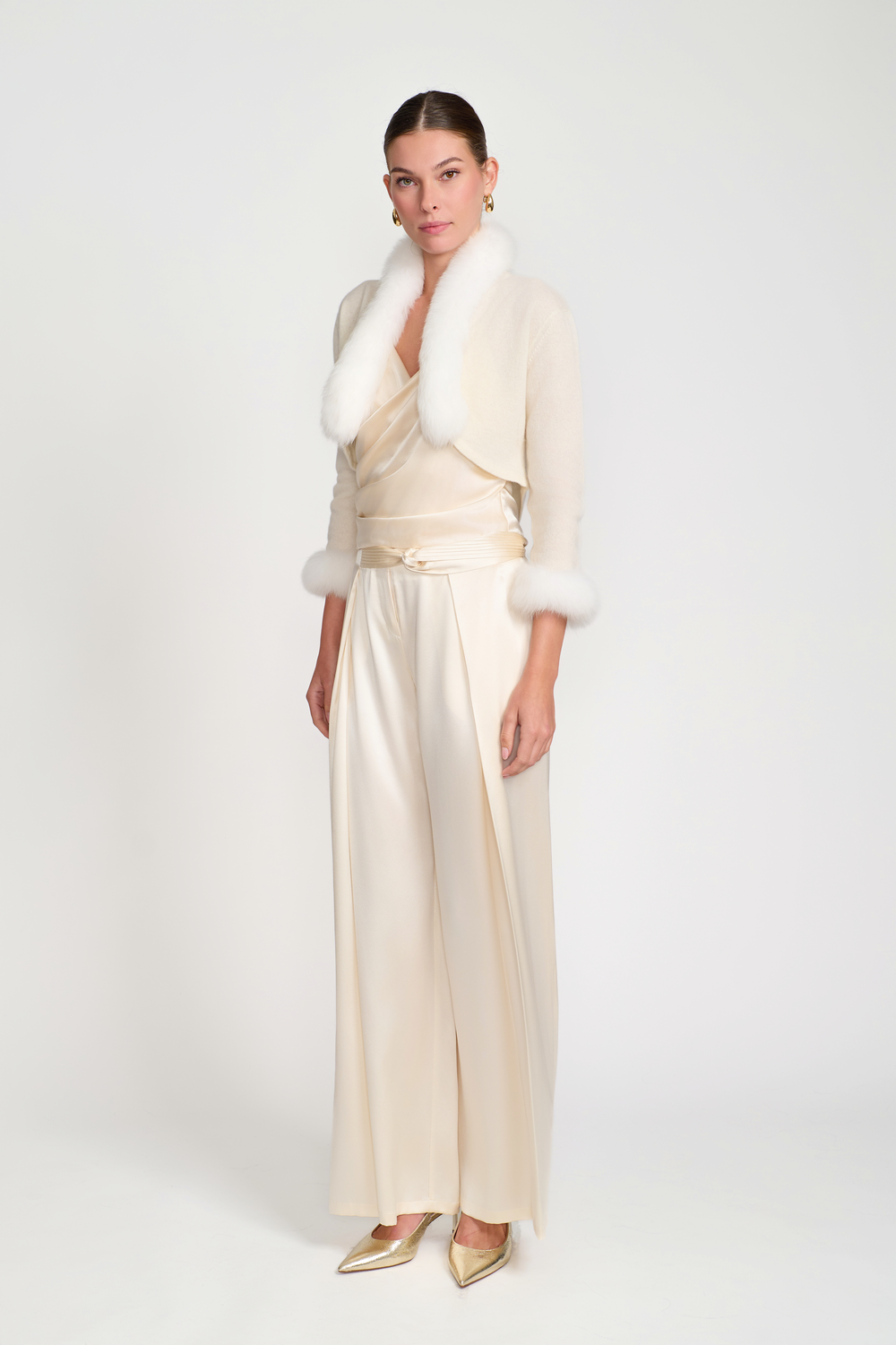 Cashmere Bolero with Fox Fur Trim White