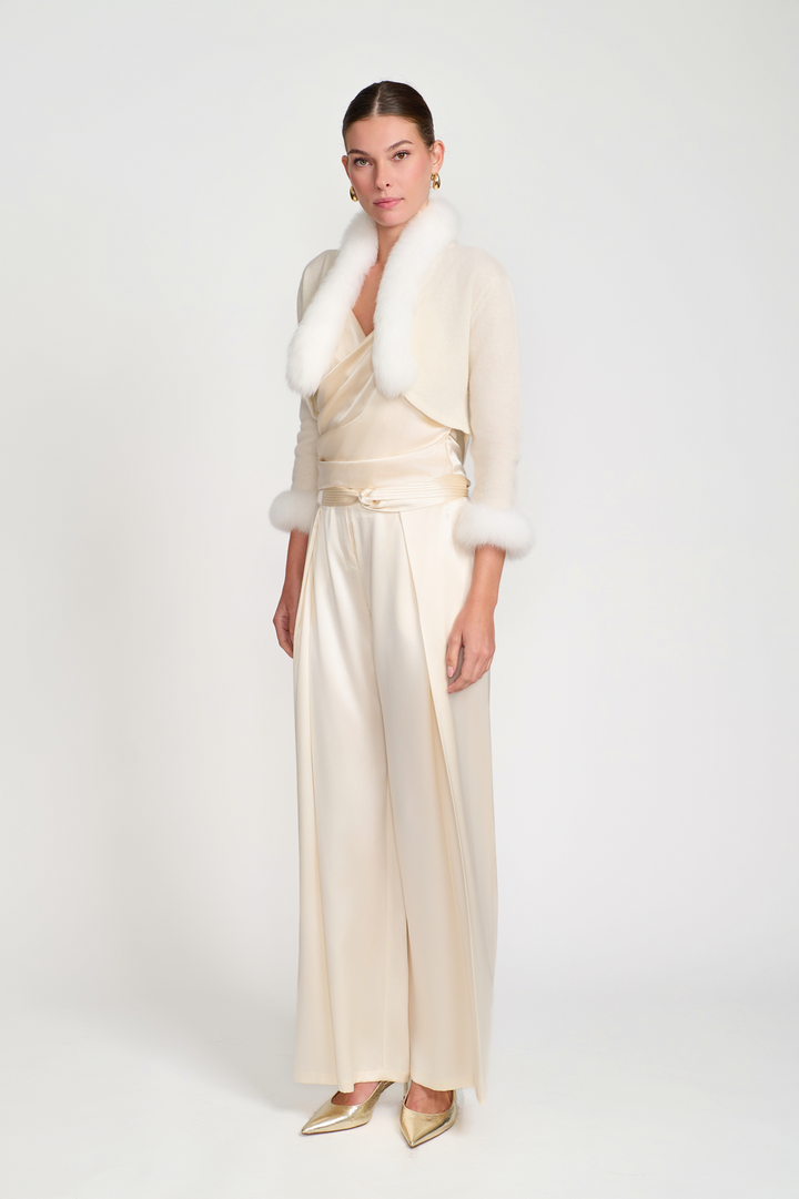 Cashmere Bolero with Fox Fur Trim White