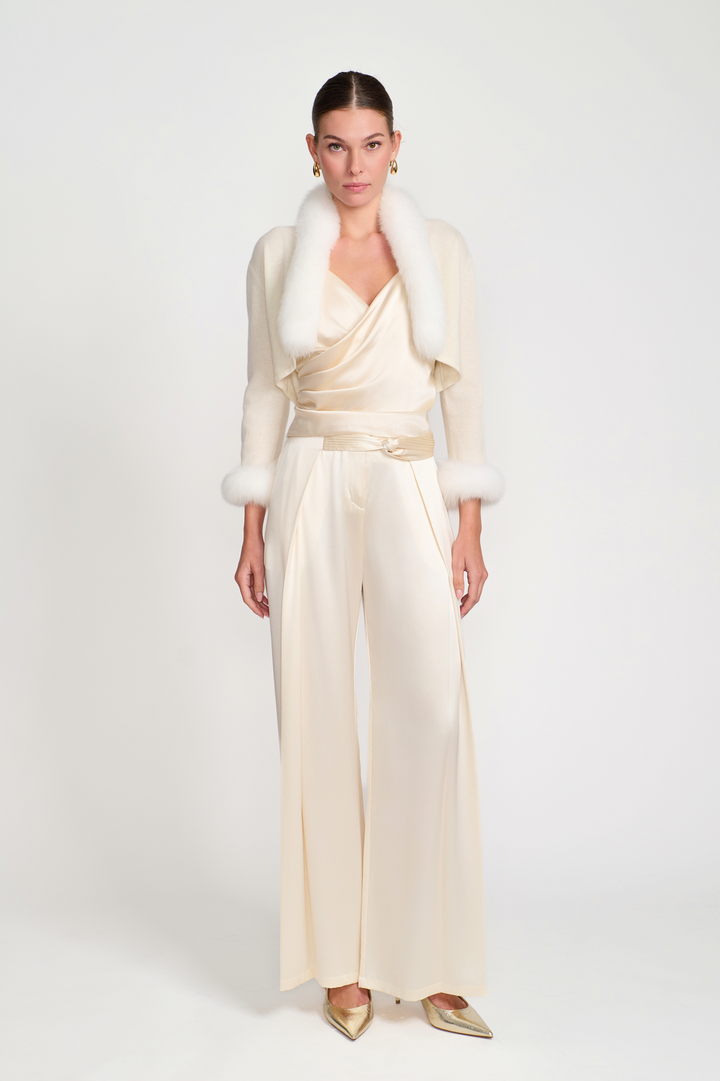 Cashmere Bolero with Fox Fur Trim White
