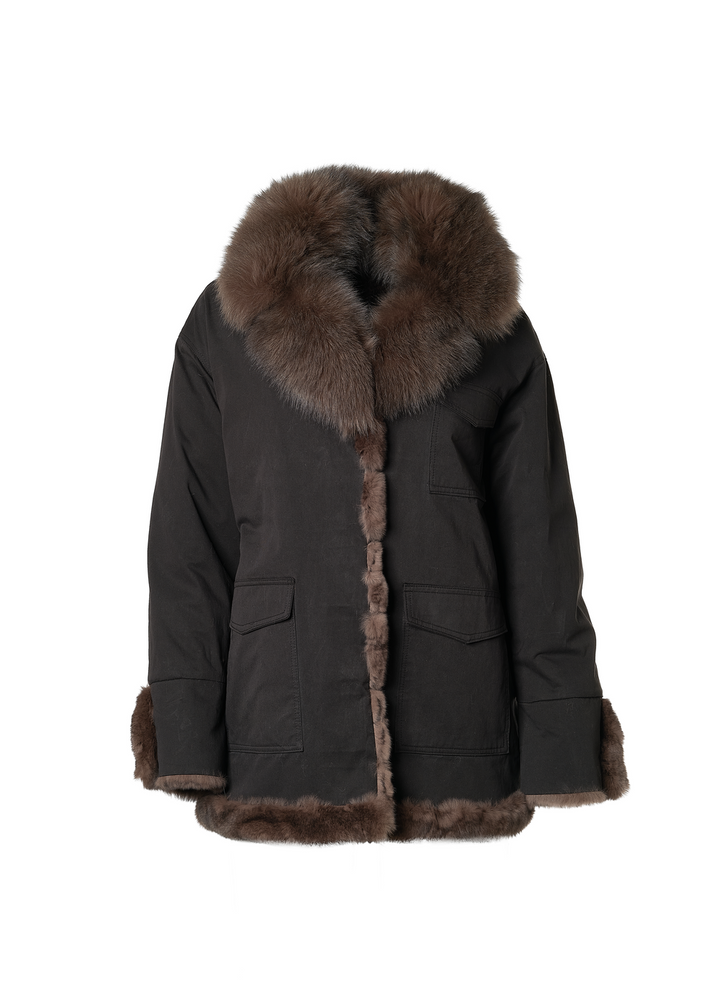 Reversible Coat in Technical Fabric to Rex Rabbit Fur in Black/Brown