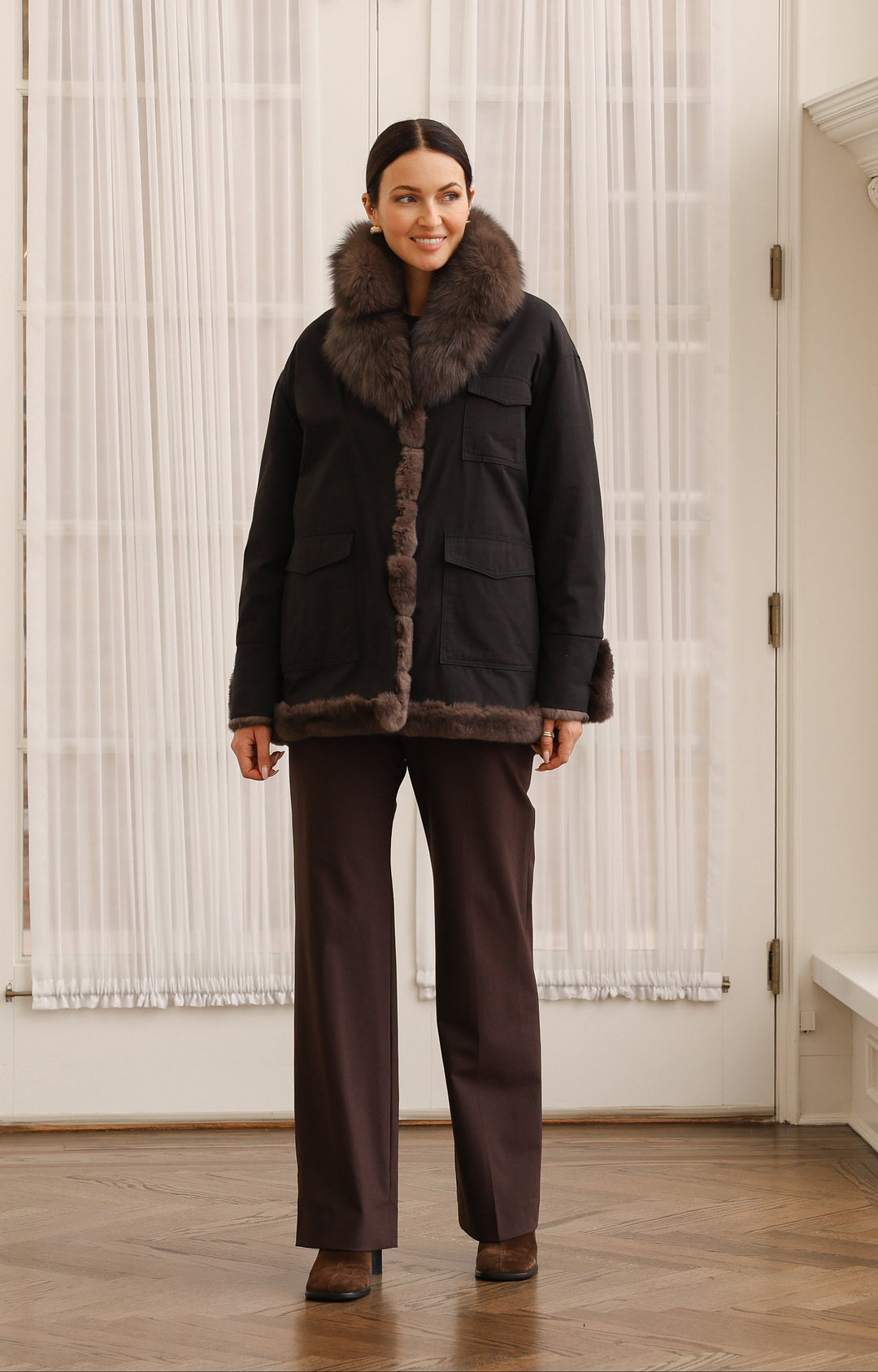 Reversible Coat in Technical Fabric to Rex Rabbit Fur in Black/Brown