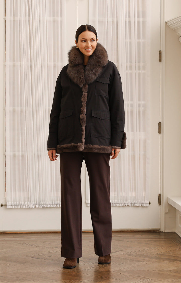 Reversible Coat in Technical Fabric to Rex Rabbit Fur in Black/Brown