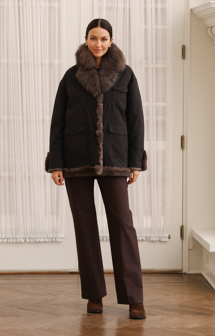 Reversible Coat in Technical Fabric to Rex Rabbit Fur in Black/Brown