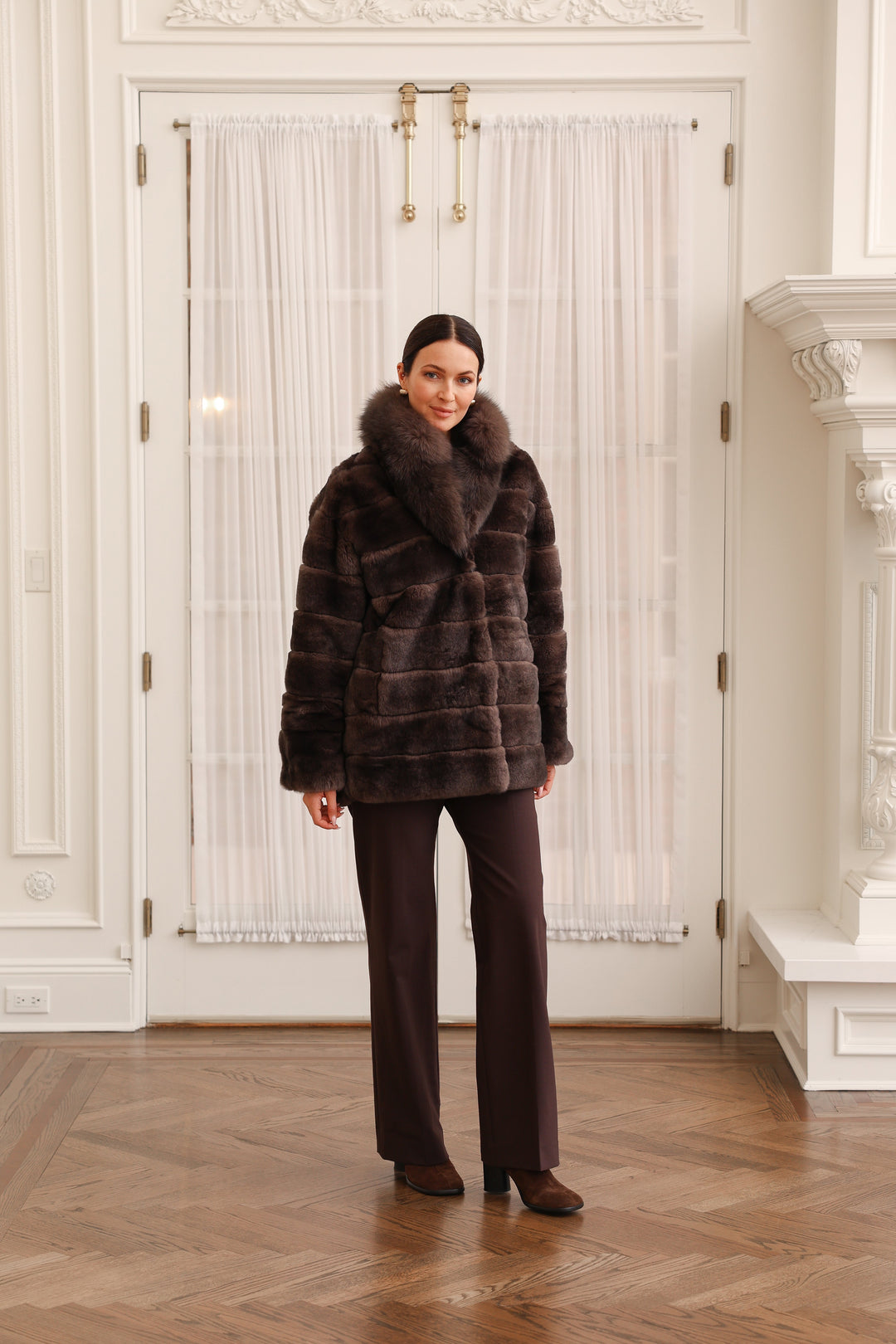 Reversible Coat in Technical Fabric to Rex Rabbit Fur in Black/Brown