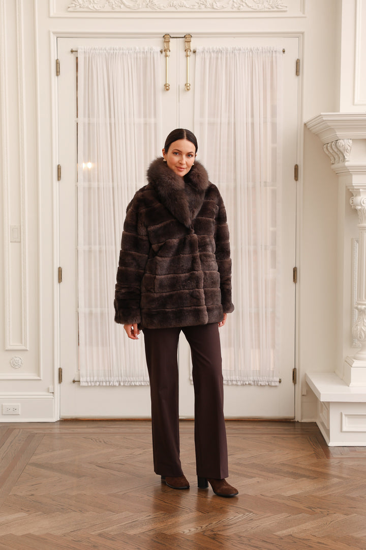 Reversible Coat in Technical Fabric to Rex Rabbit Fur in Black/Brown