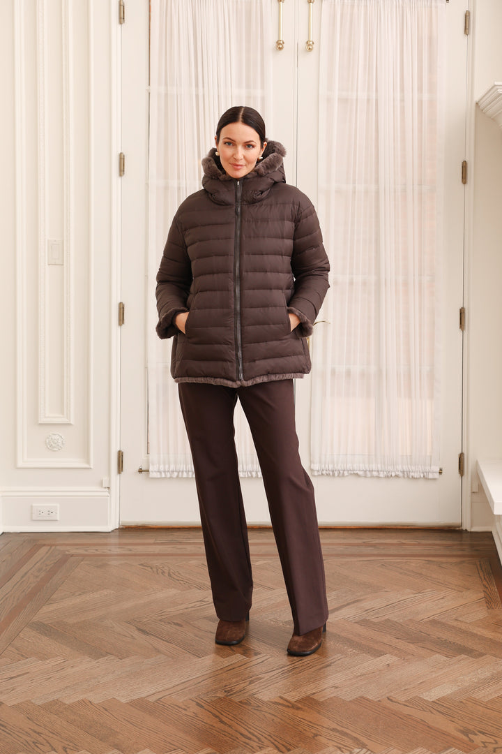 Reversible Hooded Coat Technical Fabric to Rex Rabbit Fur in Brown