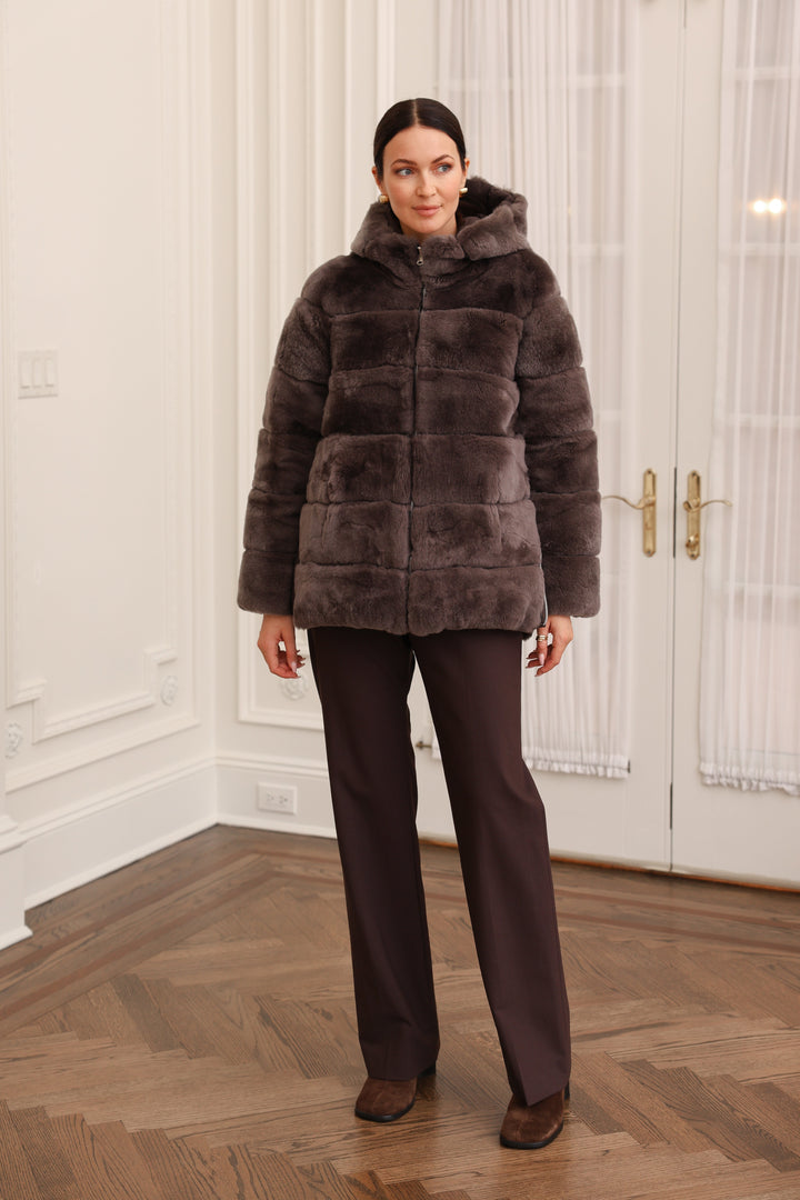 Reversible Hooded Coat Technical Fabric to Rex Rabbit Fur in Brown