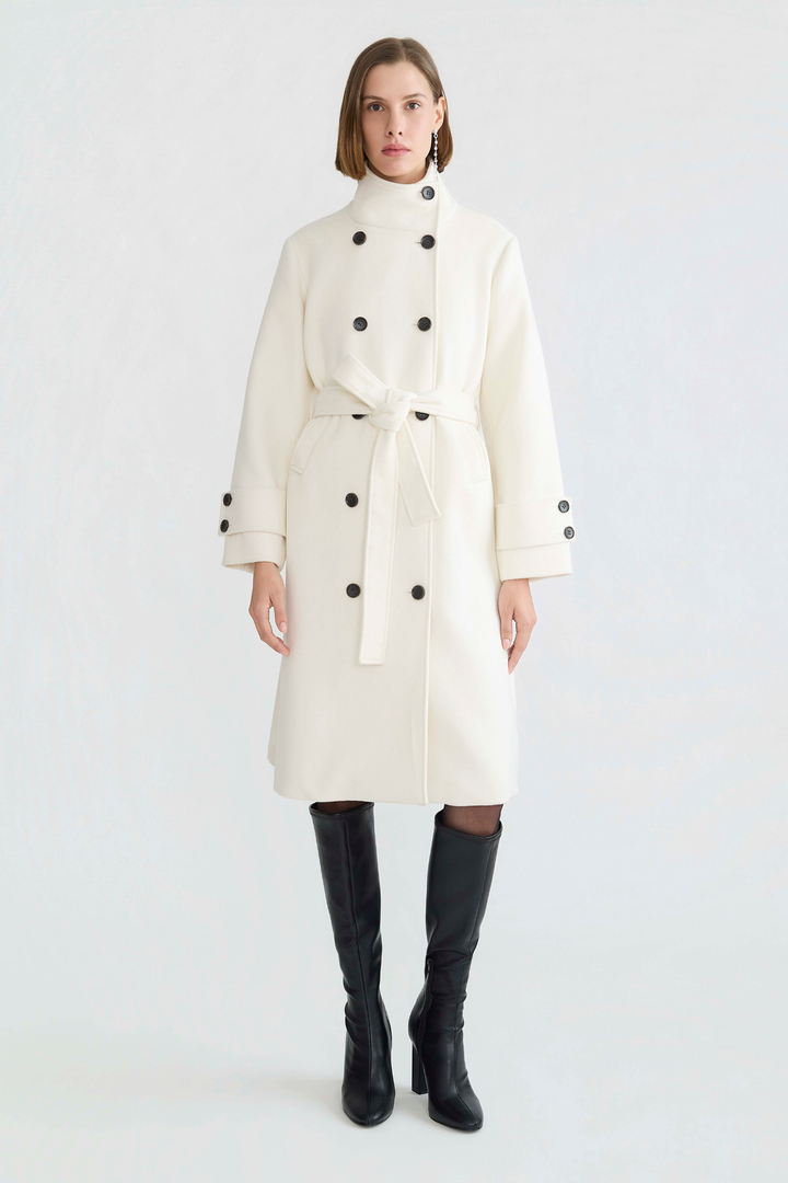 Adroit Atelier Dorian Long Double-Breasted Funnel-Neck Coat in Cream available at Barbara Katz