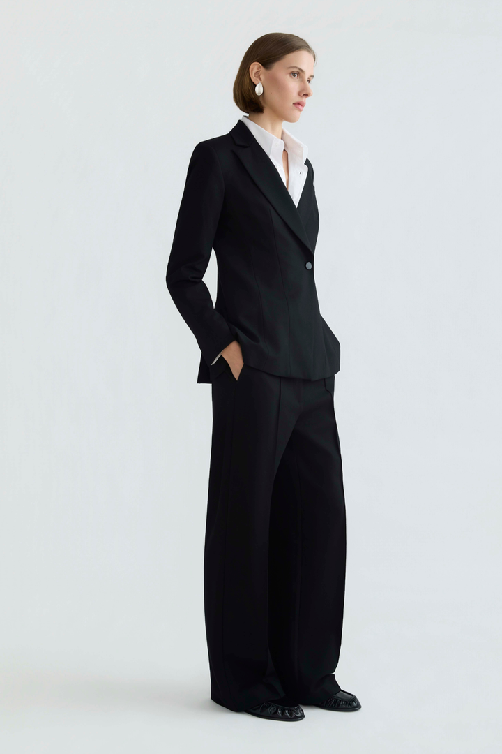 Adroit Atelier Drew Single-Breasted Asymmetrical Stretch Ponte Blazer in Black available at Barbara Katz