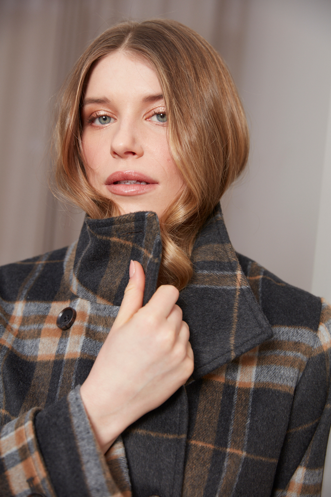 Adroit Atelier Dakota Double Breasted Funnel Neck Short Jacket in Charcoal/Camel Plaid available at Barbara Katz