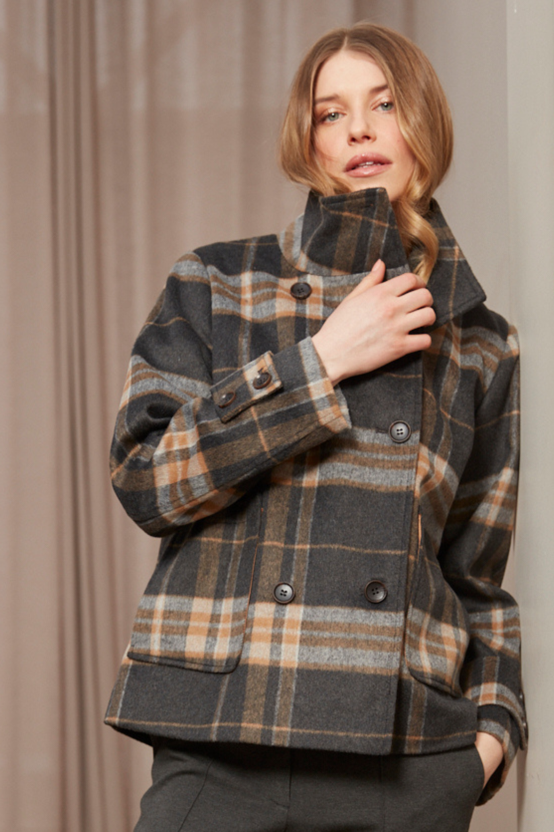 Adroit Atelier Dakota Double Breasted Funnel Neck Short Jacket in Charcoal/Camel Plaid available at Barbara Katz