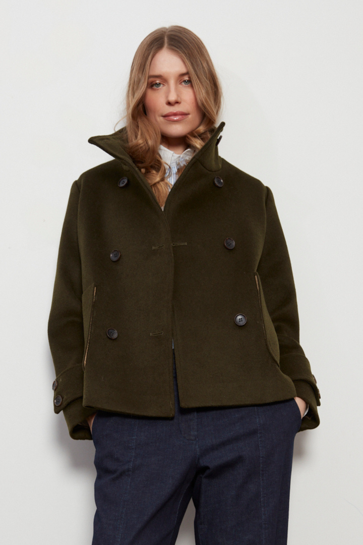 Adroit Atelier Dakota Double Breasted Funnel Neck Short Jacket in Dark Olive available at Barbara Katz