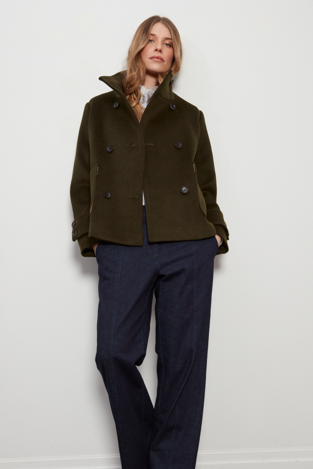 Adroit Atelier Dakota Double Breasted Funnel Neck Short Jacket in Dark Olive available at Barbara Katz
