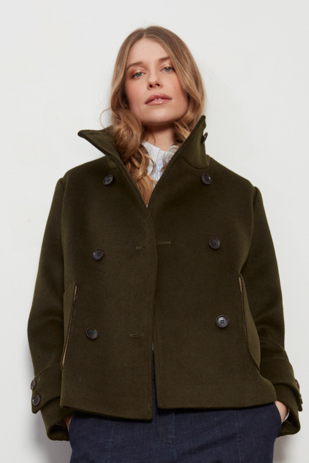 Adroit Atelier Dakota Double Breasted Funnel Neck Short Jacket in Dark Olive available at Barbara Katz