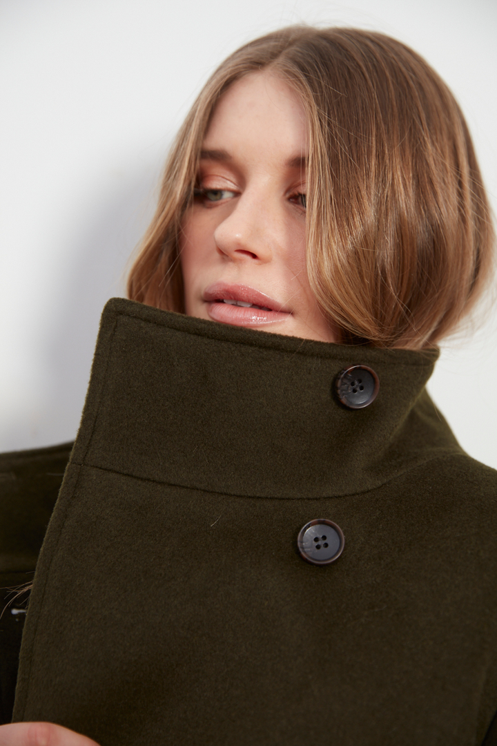 Adroit Atelier Dakota Double Breasted Funnel Neck Short Jacket in Dark Olive available at Barbara Katz