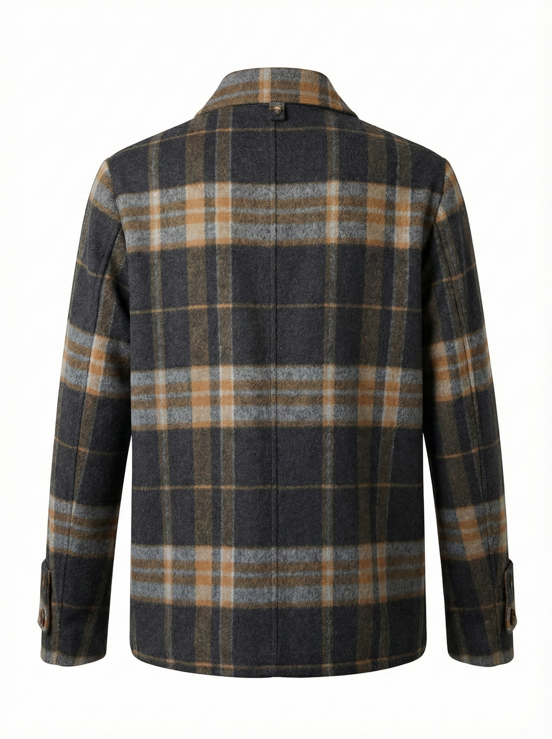 Adroit Atelier Dakota Double Breasted Funnel Neck Short Jacket in Charcoal/Camel Plaid available at Barbara Katz