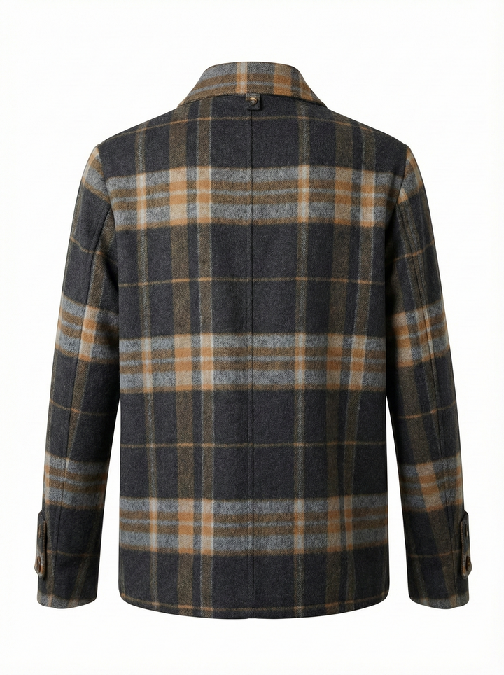 Adroit Atelier Dakota Double Breasted Funnel Neck Short Jacket in Charcoal/Camel Plaid available at Barbara Katz