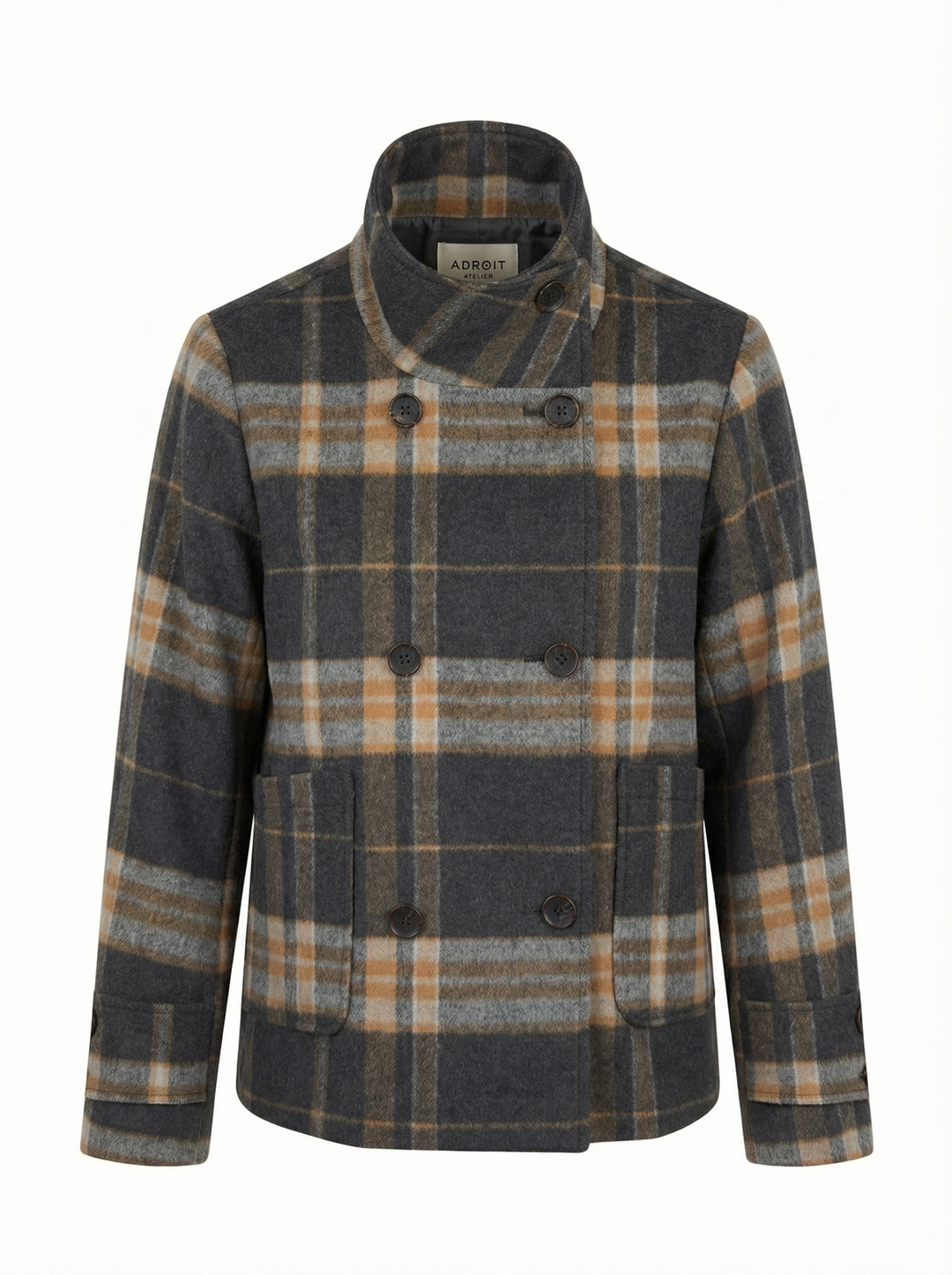Adroit Atelier Dakota Double Breasted Funnel Neck Short Jacket in Charcoal/Camel Plaid available at Barbara Katz