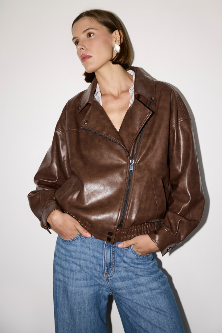 Adroit Atelier Dallas Moto Vegan Leather Jacket in Chestnut available at Barbara Katz