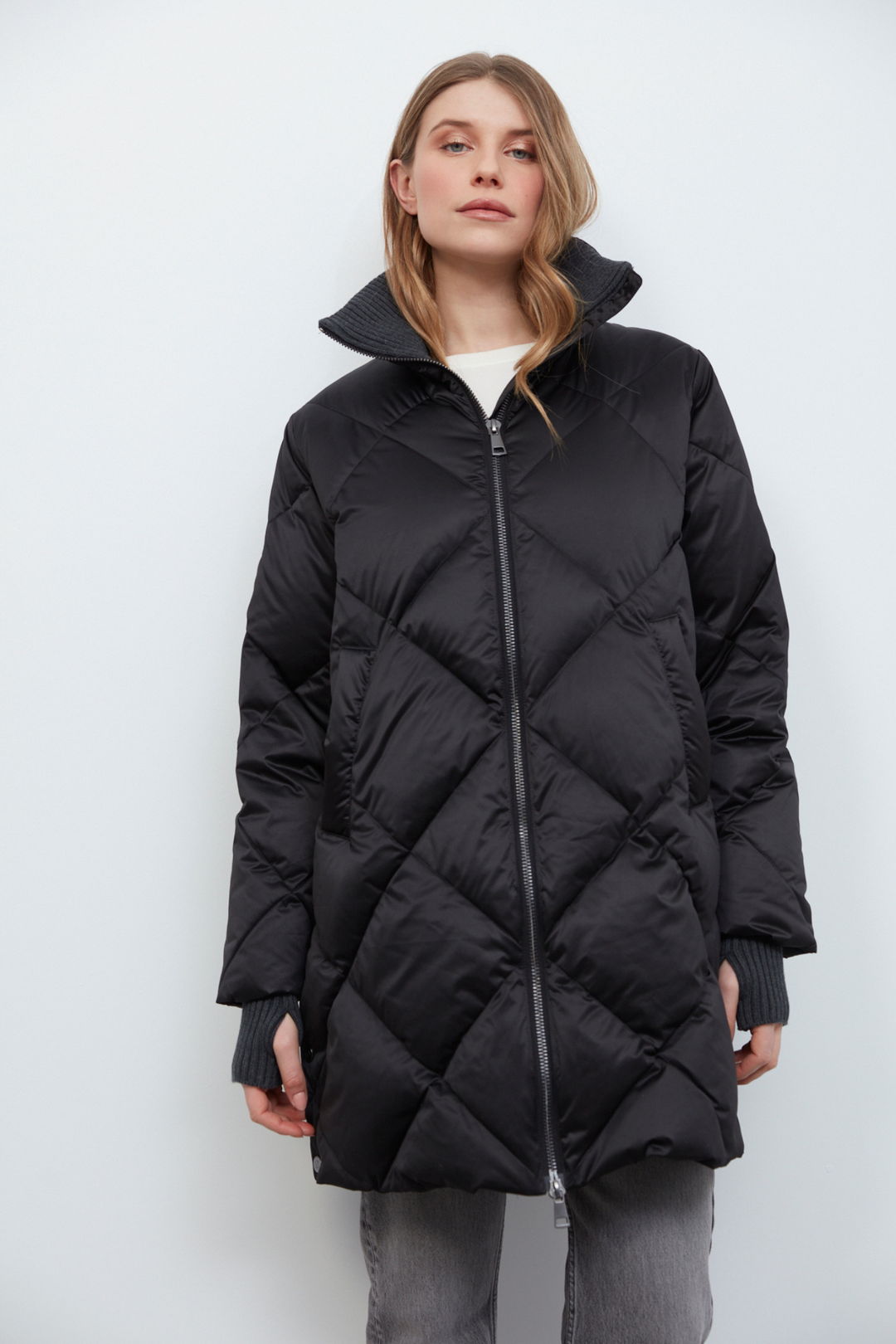 Adroit Atelier Dana High Collar Diamond Quilted Down Coat in Black available at Barbara Katz