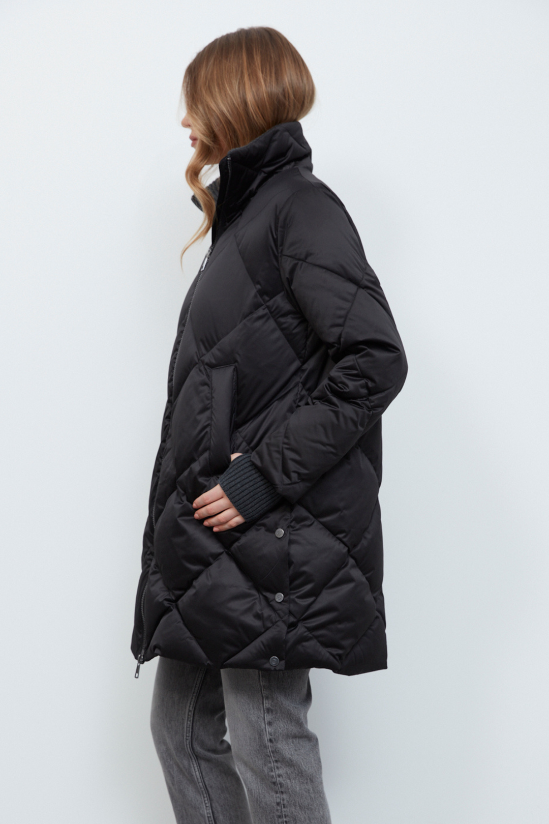 Adroit Atelier Dana High Collar Diamond Quilted Down Coat in Black available at Barbara Katz