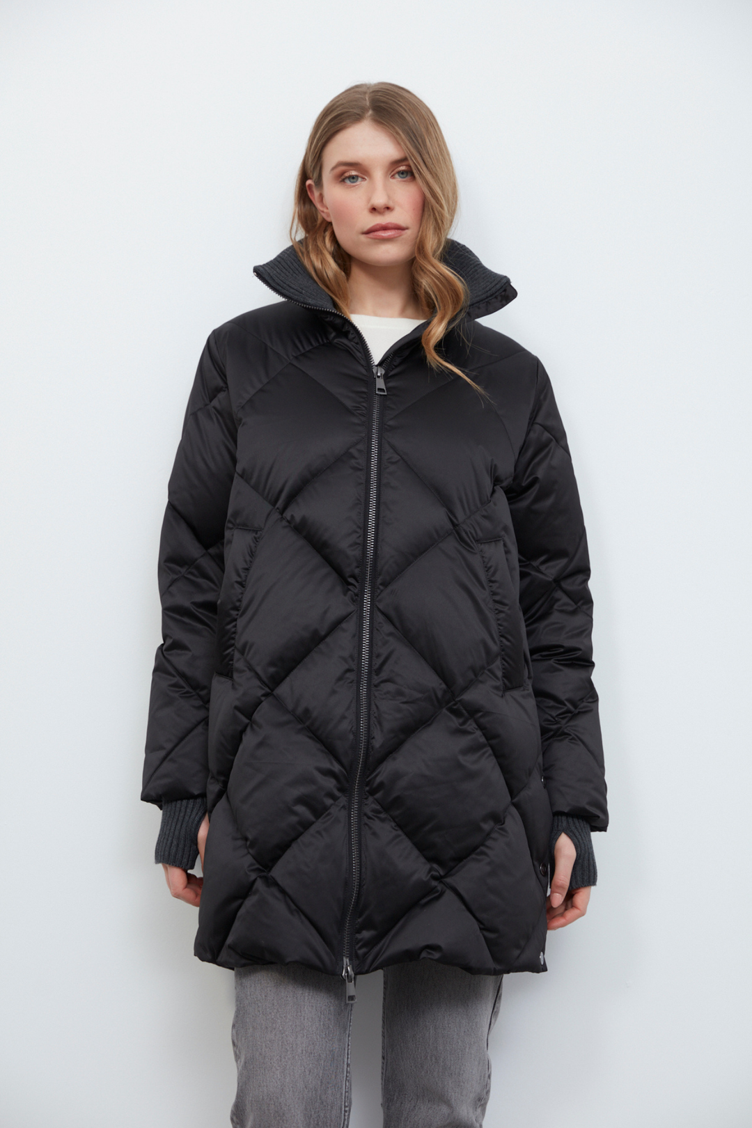 Adroit Atelier Dana High Collar Diamond Quilted Down Coat in Black available at Barbara Katz