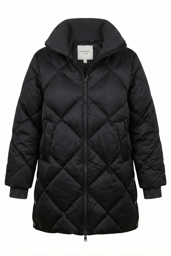 Adroit Atelier Dana High Collar Diamond Quilted Down Coat in Black available at Barbara Katz