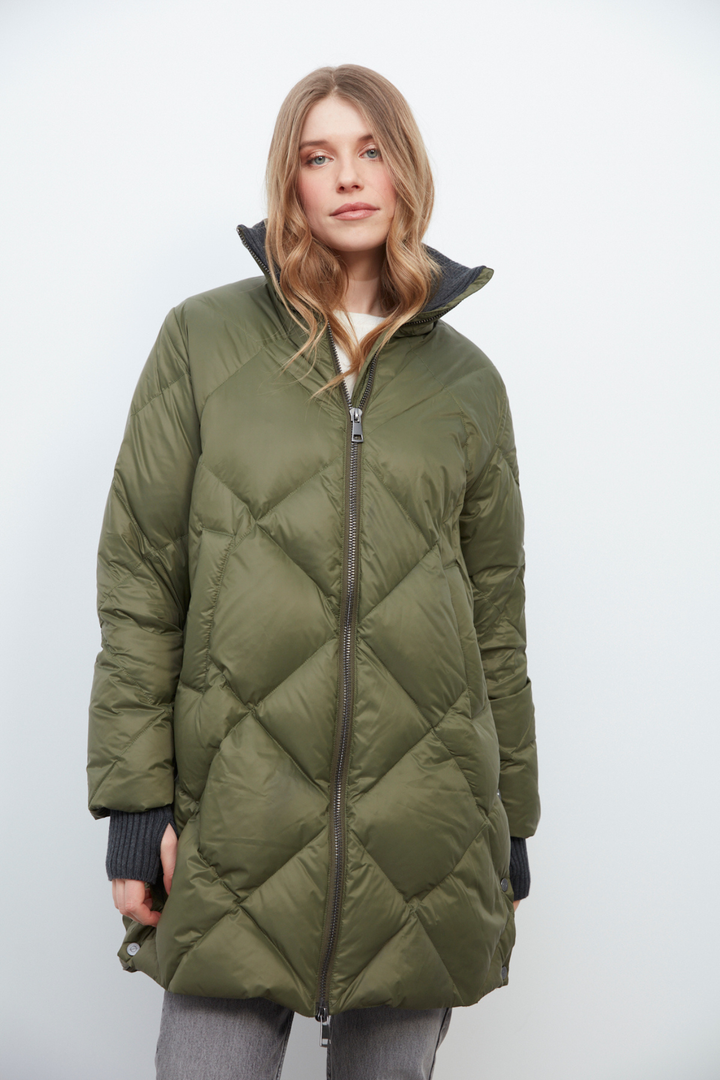 Adroit Atelier Dana High Collar Diamond Quilted Down Coat in Green available at Barbara Katz